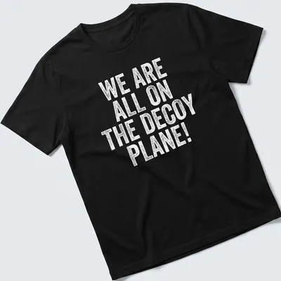 Distressed graphic featuring a decoy plane and playful text.