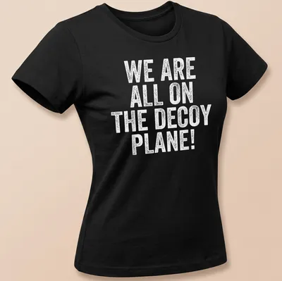 Distressed graphic featuring a decoy plane and playful text. — printed on a women's shirt