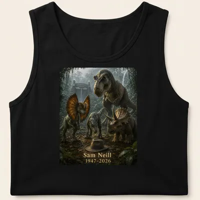 Realistic dinosaur print with tribute text for Sam Neill, in muted colors — printed on a tank top