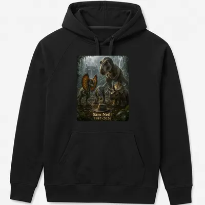 Realistic dinosaur print with tribute text for Sam Neill, in muted colors — printed on a unisex hoodie