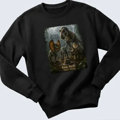 Realistic dinosaur print with tribute text for Sam Neill, in muted colors — printed on a unisex sweatshirt