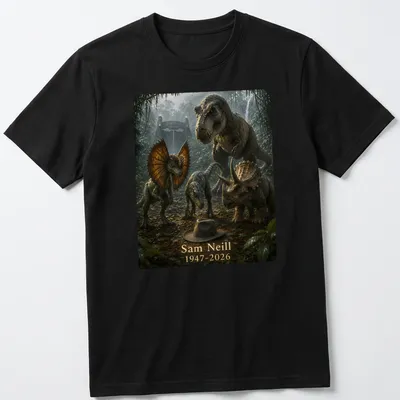 Realistic dinosaur print with tribute text for Sam Neill, in muted colors