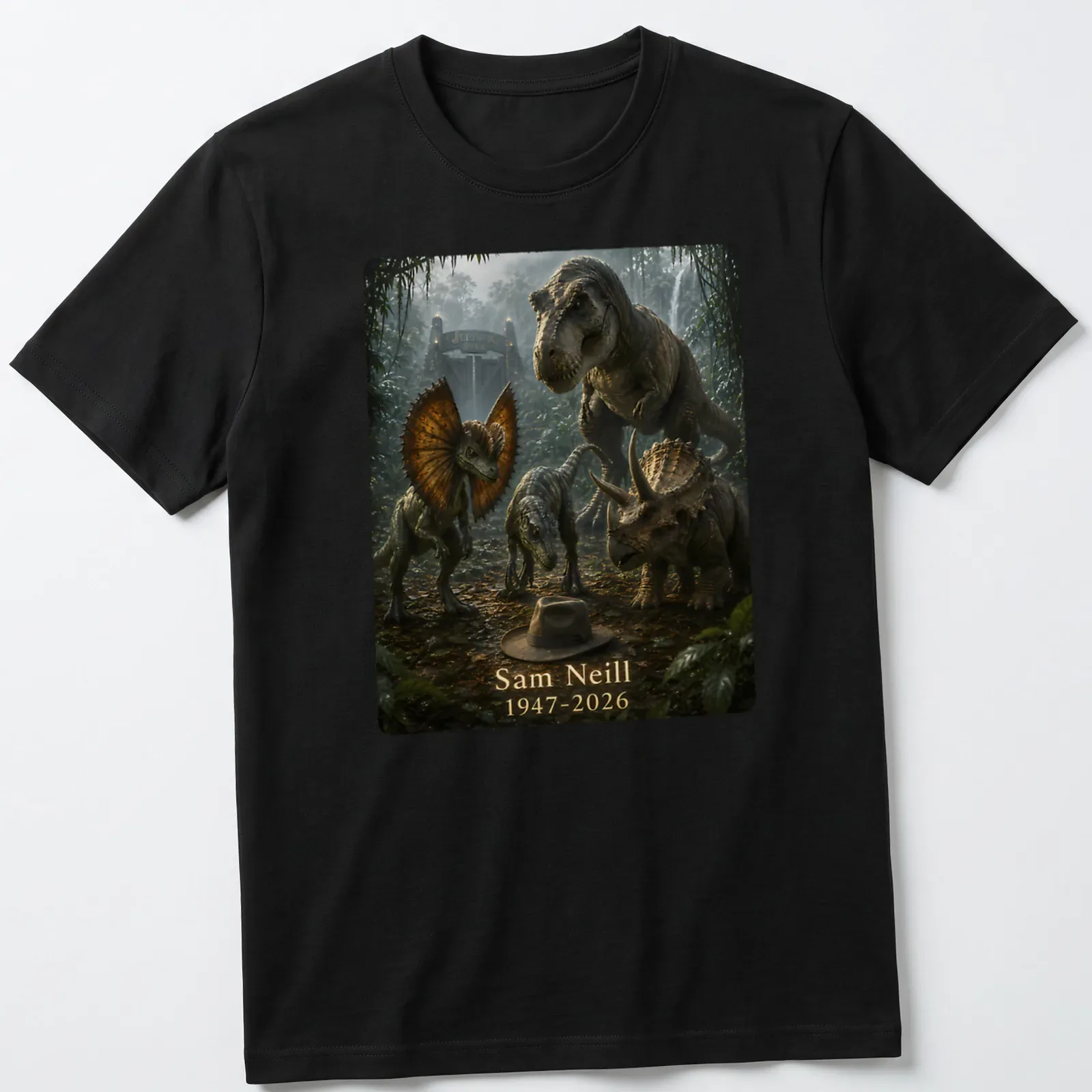 Realistic dinosaur print with tribute text for Sam Neill, in muted colors — printed on a unisex t-shirt