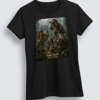 Realistic dinosaur print with tribute text for Sam Neill, in muted colors — printed on a women's shirt