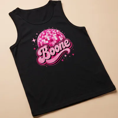 Vintage T-shirt featuring a disco ball and the name Boone in bold lettering — printed on a tank top