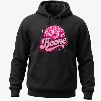 Vintage T-shirt featuring a disco ball and the name Boone in bold lettering — printed on a unisex hoodie