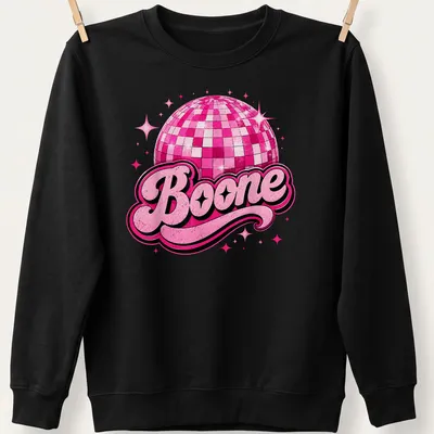 Vintage T-shirt featuring a disco ball and the name Boone in bold lettering — printed on a unisex sweatshirt