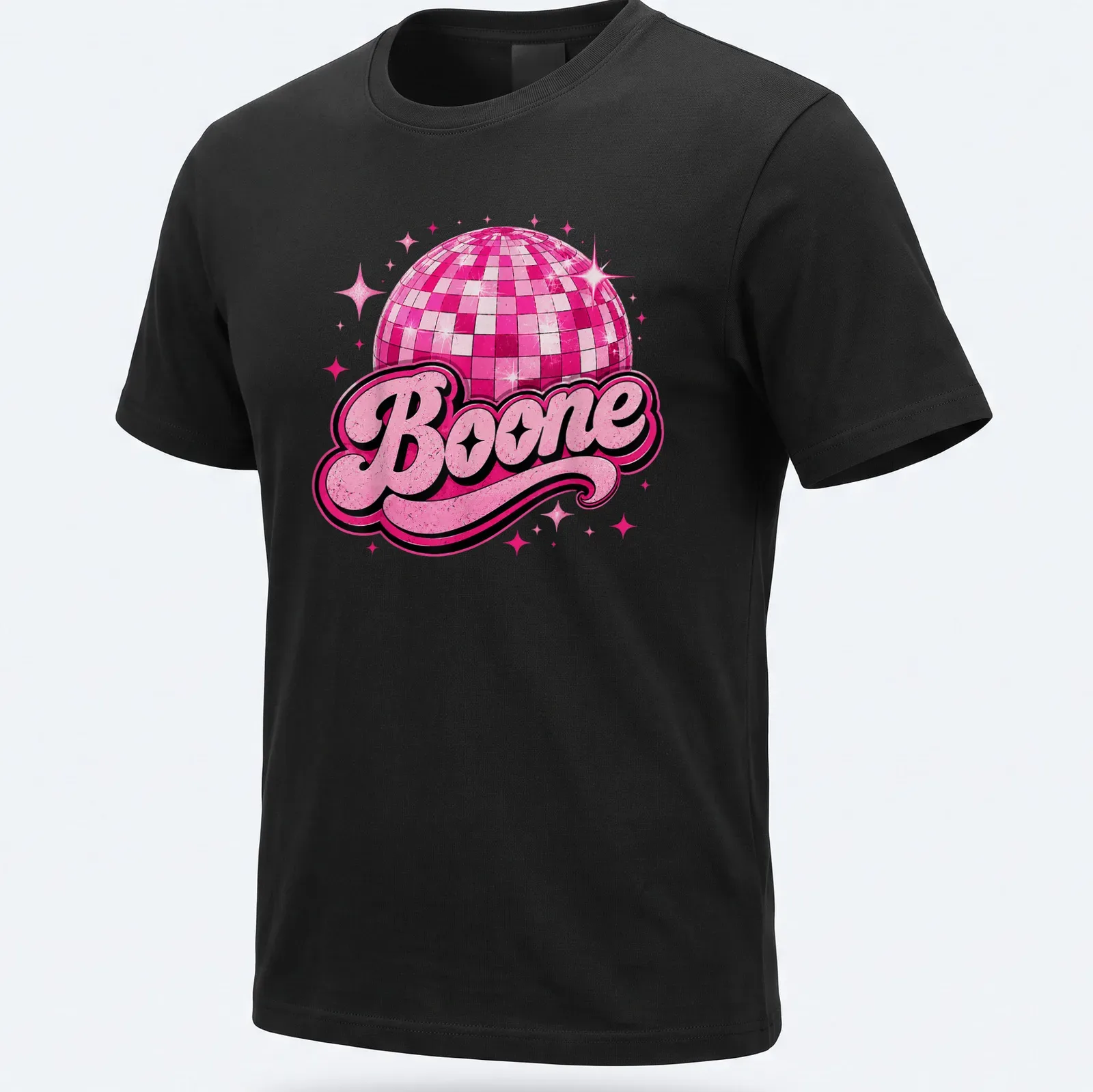 Vintage T-shirt featuring a disco ball and the name Boone in bold lettering — printed on a unisex t-shirt