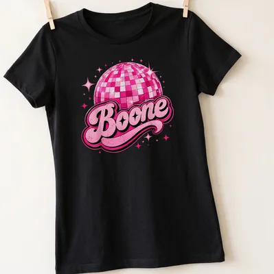 Vintage T-shirt featuring a disco ball and the name Boone in bold lettering — printed on a women's shirt