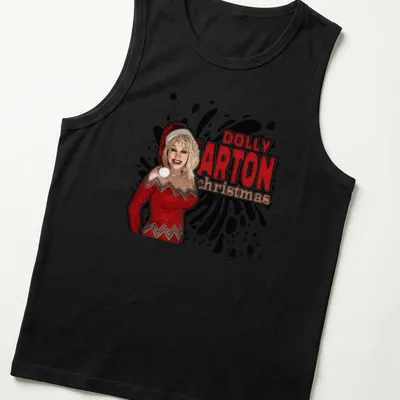 Bold graphic Dolly Parton Christmas T-shirt in red, white, and black — printed on a tank top