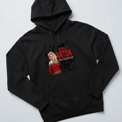 Bold graphic Dolly Parton Christmas T-shirt in red, white, and black — printed on a unisex hoodie
