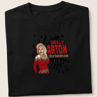 Bold graphic Dolly Parton Christmas T-shirt in red, white, and black