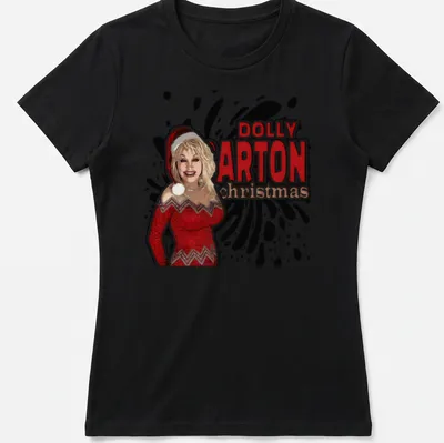 Bold graphic Dolly Parton Christmas T-shirt in red, white, and black — printed on a women's shirt