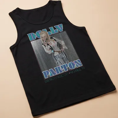 Vintage concert t-shirt featuring Dolly Parton with colorful text — printed on a tank top