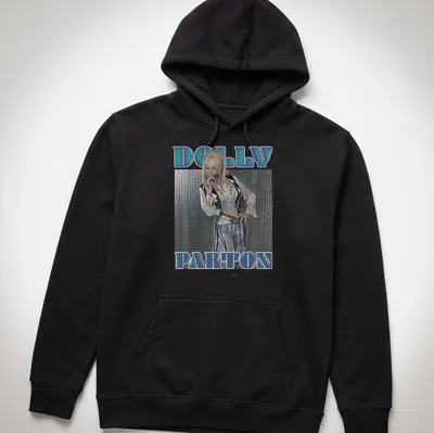 Vintage concert t-shirt featuring Dolly Parton with colorful text — printed on a unisex hoodie