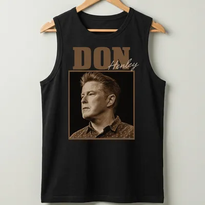 Vintage sepia Don Henley t-shirt with bold lettering in brown and beige — printed on a tank top