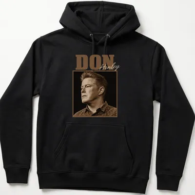 Vintage sepia Don Henley t-shirt with bold lettering in brown and beige — printed on a unisex hoodie