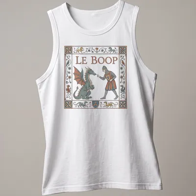 Funny T-shirt with dragon and knight illustration and 'LE BOOP' text — printed on a tank top