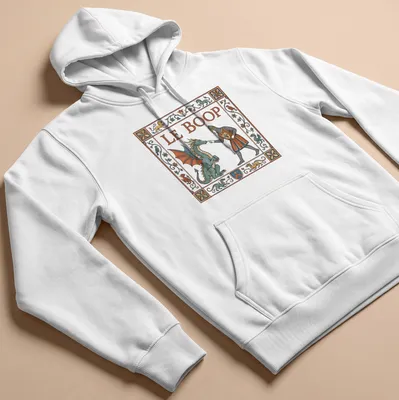 Funny T-shirt with dragon and knight illustration and 'LE BOOP' text — printed on a unisex hoodie