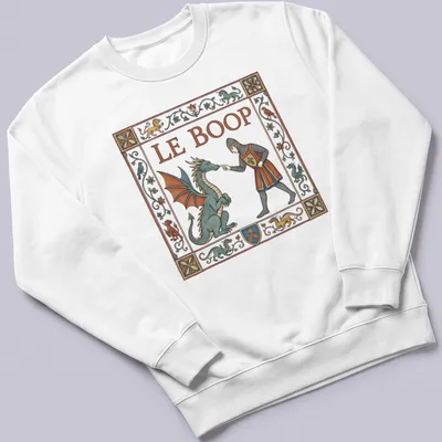 Funny T-shirt with dragon and knight illustration and 'LE BOOP' text — printed on a unisex sweatshirt