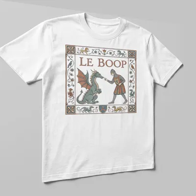 Funny T-shirt with dragon and knight illustration and 'LE BOOP' text — printed on a unisex t-shirt (angled view)