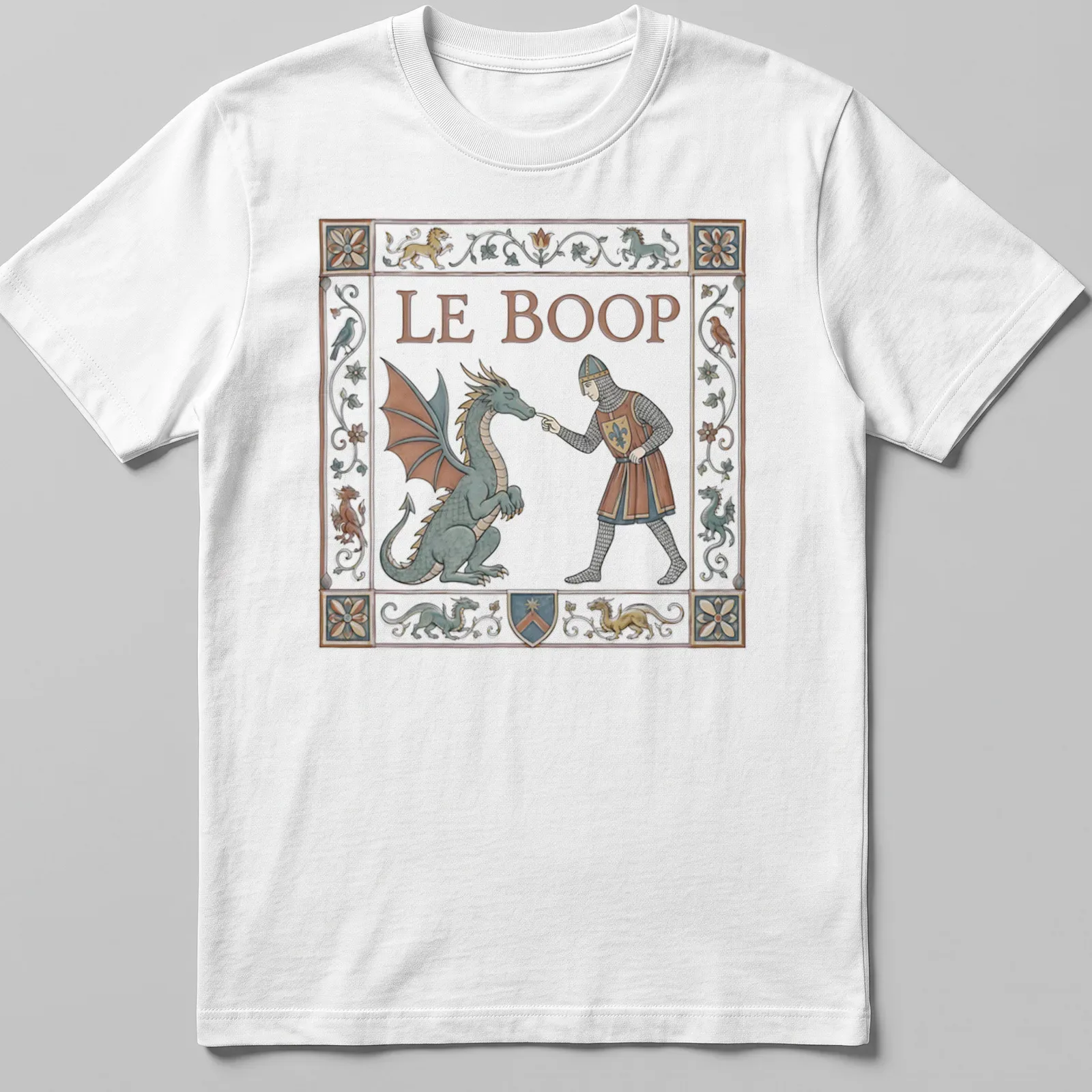 Funny T-shirt with dragon and knight illustration and 'LE BOOP' text — printed on a unisex t-shirt