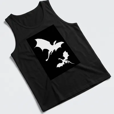 Silhouette design of two dragons flying against a black and white backdrop — printed on a tank top