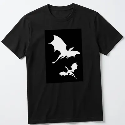 Silhouette design of two dragons flying against a black and white backdrop