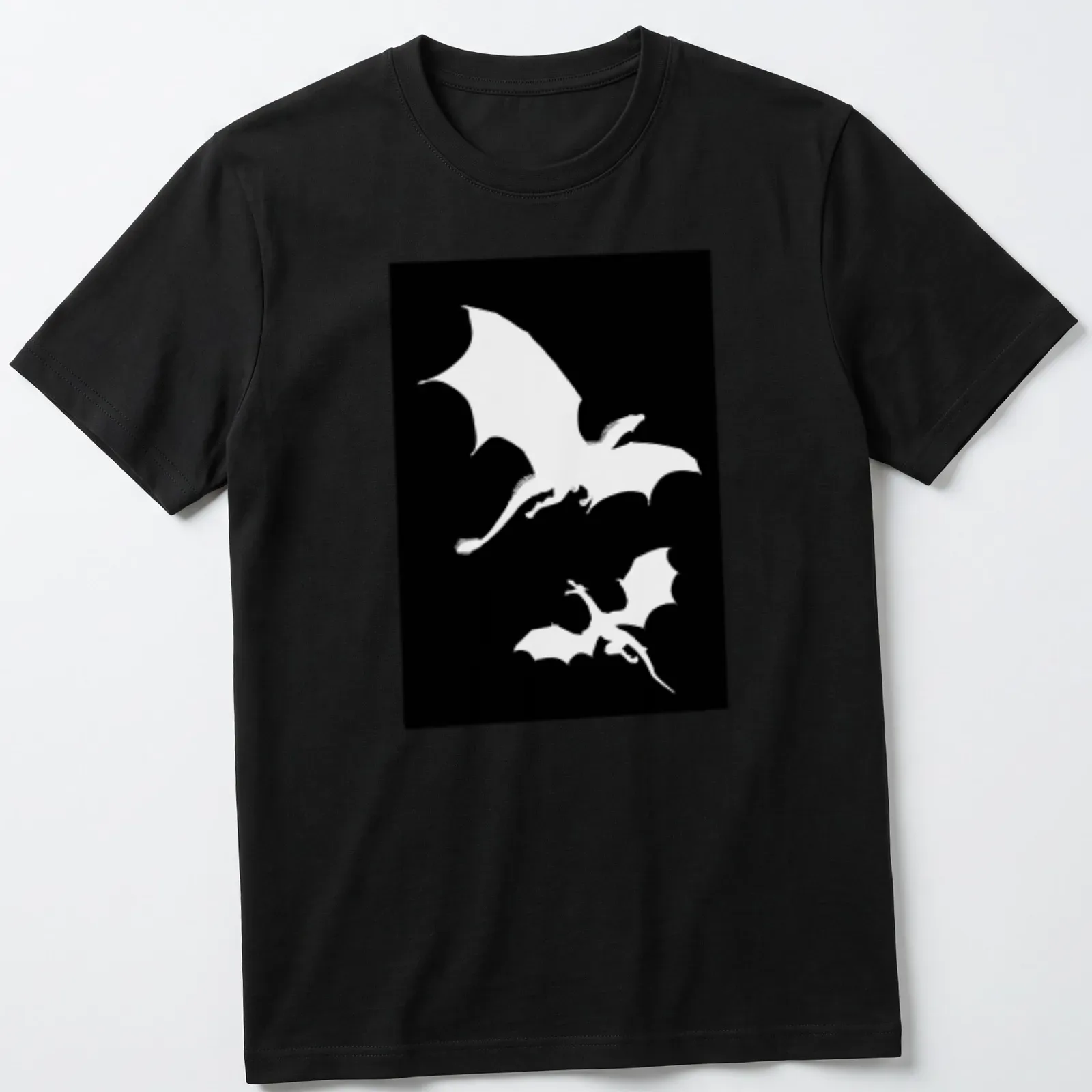 Silhouette design of two dragons flying against a black and white backdrop — printed on a unisex t-shirt