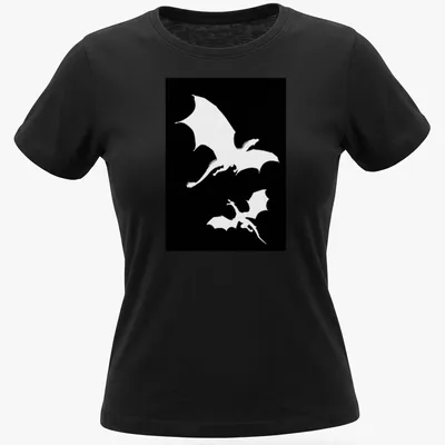 Silhouette design of two dragons flying against a black and white backdrop — printed on a women's shirt