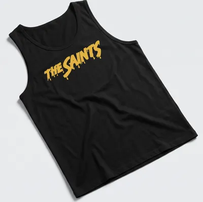 Bold yellow dripping paint typography on black shirt reading The Saints — printed on a tank top