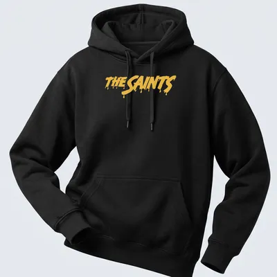 Bold yellow dripping paint typography on black shirt reading The Saints — printed on a unisex hoodie