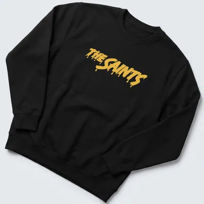 Bold yellow dripping paint typography on black shirt reading The Saints — printed on a unisex sweatshirt