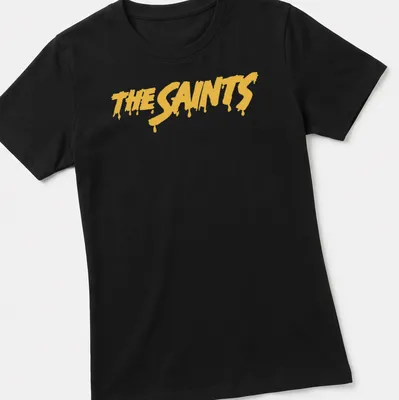 Bold yellow dripping paint typography on black shirt reading The Saints — printed on a women's shirt