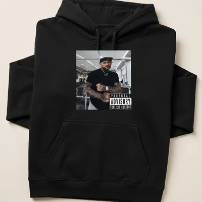 Parental Advisory Explicit Content T-shirt featuring Dustin Poirier in bold typography — printed on a unisex hoodie
