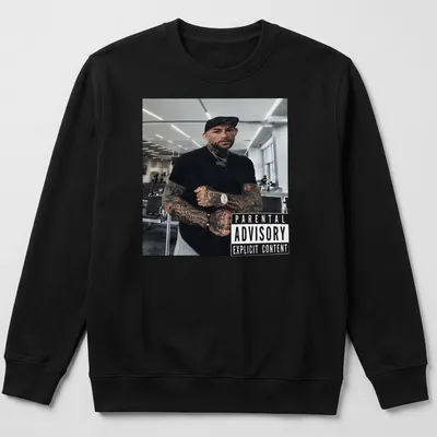 Parental Advisory Explicit Content T-shirt featuring Dustin Poirier in bold typography — printed on a unisex sweatshirt