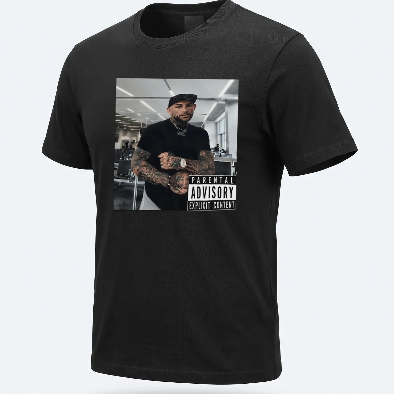 Parental Advisory Explicit Content T-shirt featuring Dustin Poirier in bold typography — printed on a unisex t-shirt