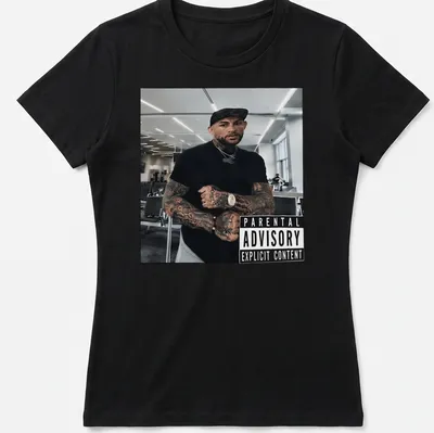 Parental Advisory Explicit Content T-shirt featuring Dustin Poirier in bold typography — printed on a women's shirt
