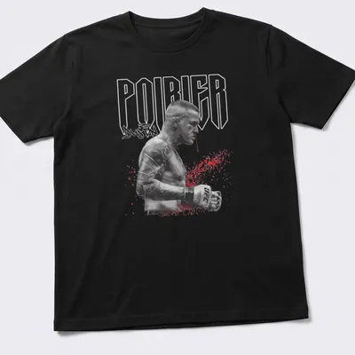 Grunge style Dustin Poirier MMA shirt featuring bold text and intense graphics.
