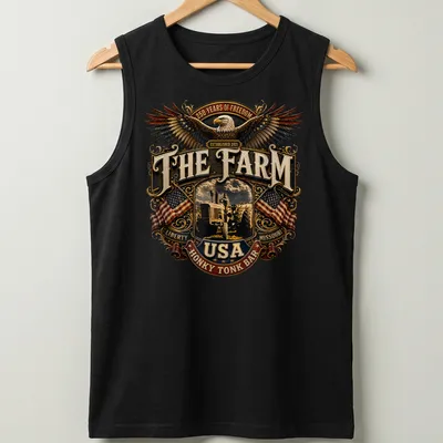 Vintage emblem of an eagle and tractor with patriotic text in brown, gold, red, blue, and white — printed on a tank top