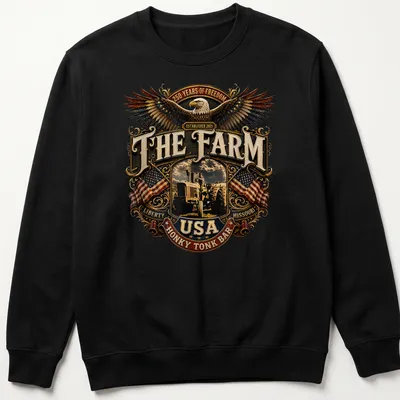 Vintage emblem of an eagle and tractor with patriotic text in brown, gold, red, blue, and white — printed on a unisex sweatshirt