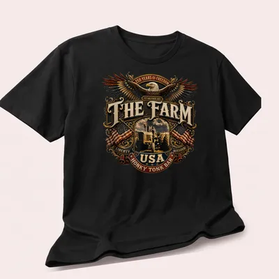 Vintage emblem of an eagle and tractor with patriotic text in brown, gold, red, blue, and white — printed on a unisex t-shirt (angled view)