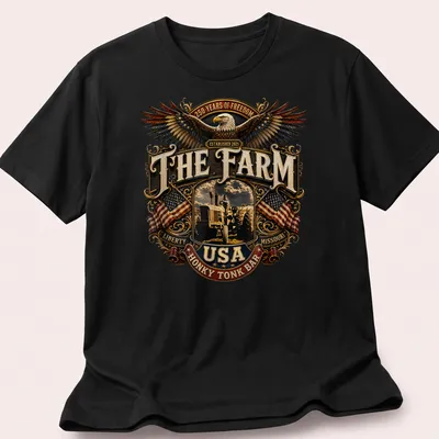 Vintage emblem of an eagle and tractor with patriotic text in brown, gold, red, blue, and white