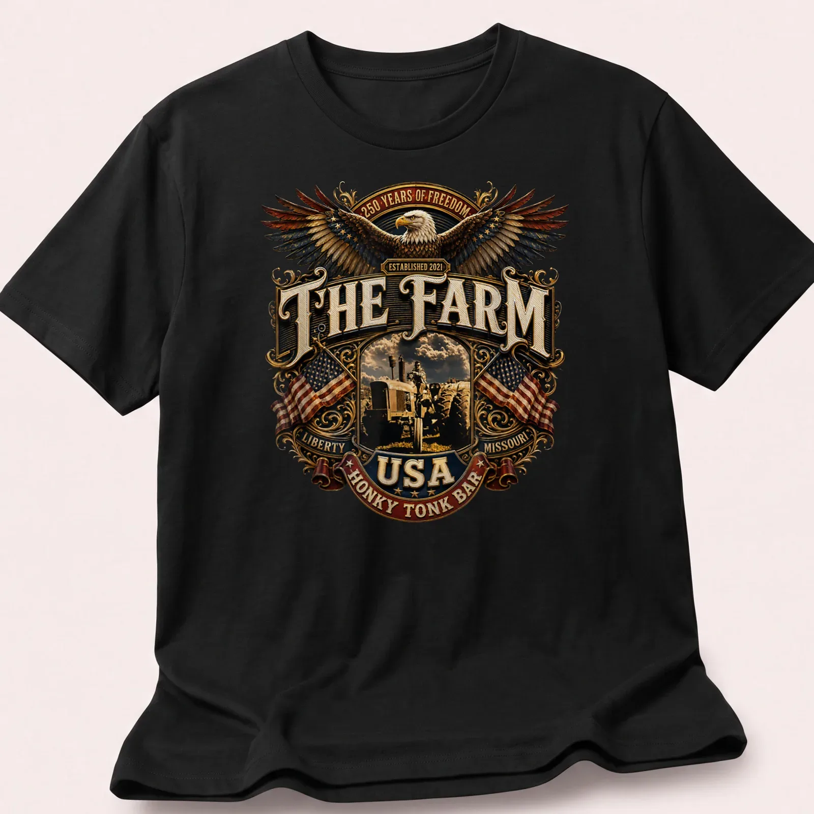 Vintage emblem of an eagle and tractor with patriotic text in brown, gold, red, blue, and white — printed on a unisex t-shirt
