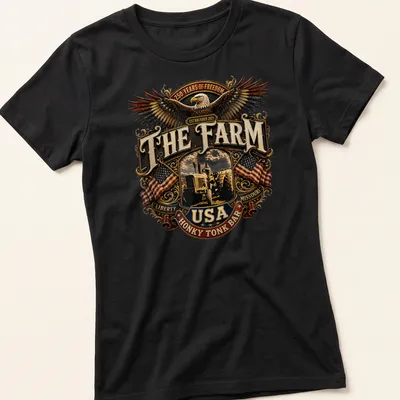 Vintage emblem of an eagle and tractor with patriotic text in brown, gold, red, blue, and white — printed on a women's shirt