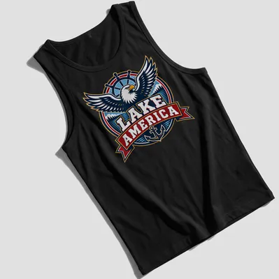Vintage emblem t-shirt featuring an eagle and the text Lake America — printed on a tank top