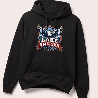 Vintage emblem t-shirt featuring an eagle and the text Lake America — printed on a unisex hoodie
