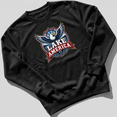 Vintage emblem t-shirt featuring an eagle and the text Lake America — printed on a unisex sweatshirt