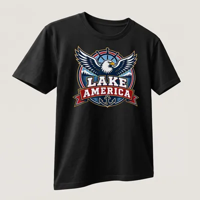 Vintage emblem t-shirt featuring an eagle and the text Lake America — printed on a unisex t-shirt (angled view)