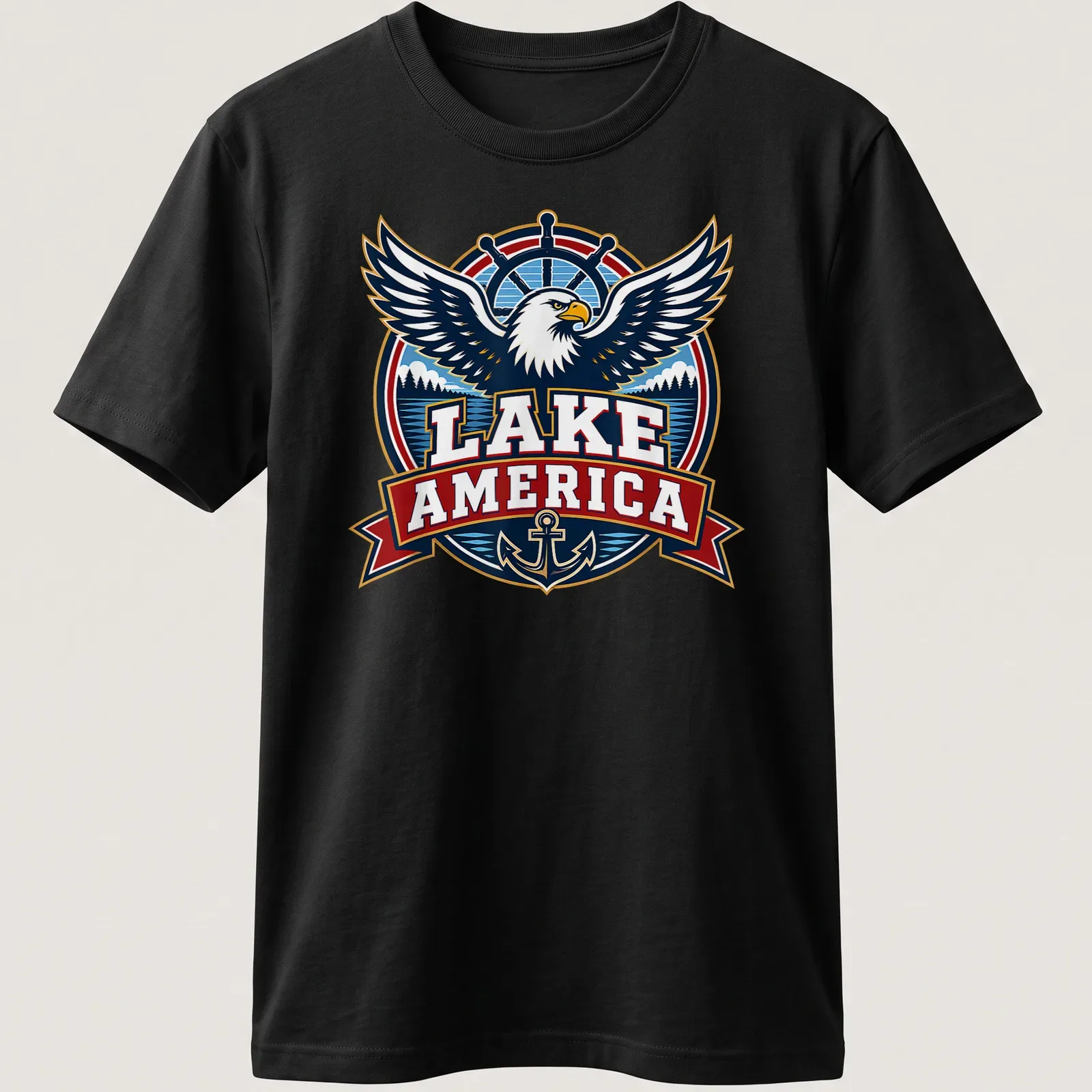Vintage emblem t-shirt featuring an eagle and the text Lake America — printed on a unisex t-shirt